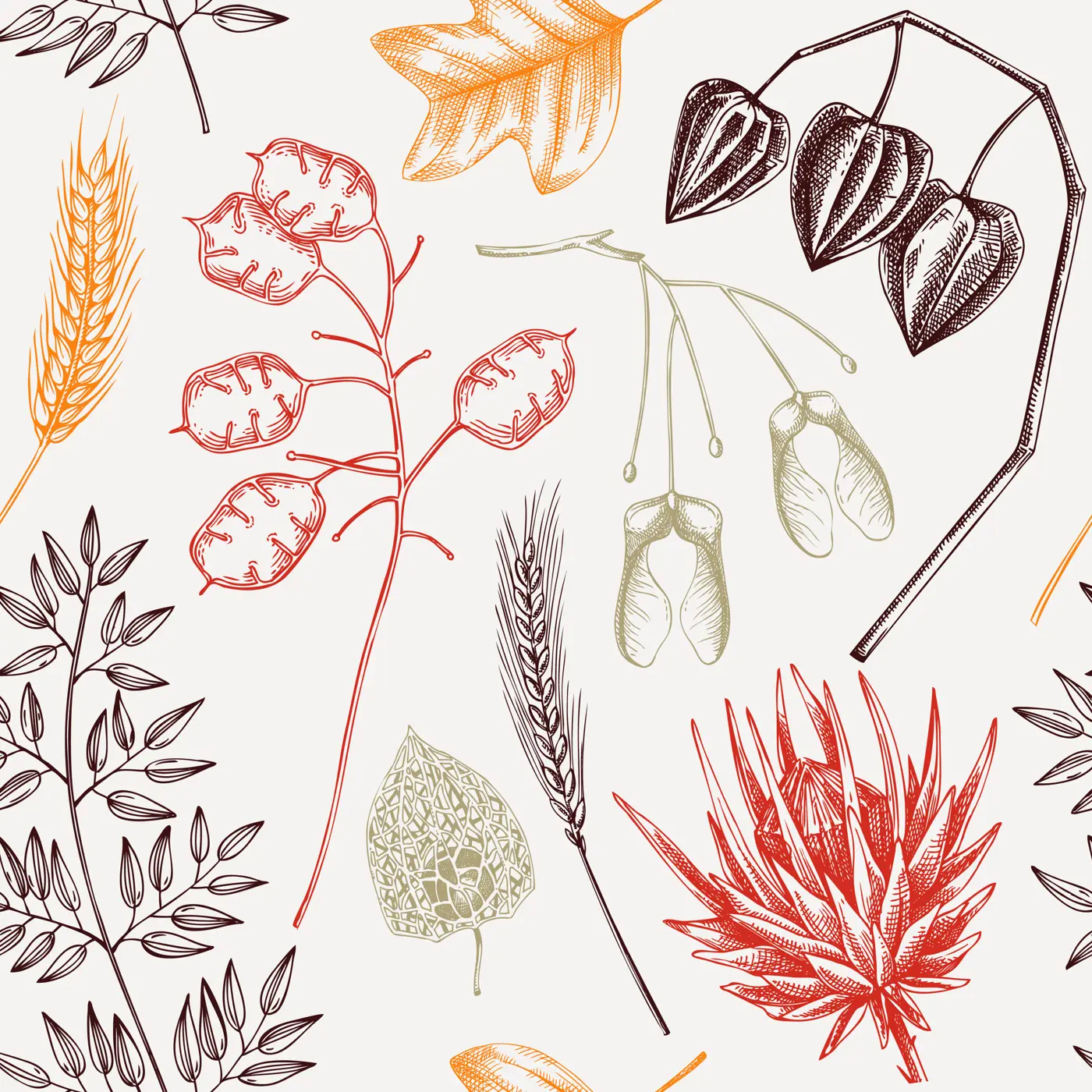 Autumn seamless pattern. Fall leaves background. Dried flowers sketches. Hand-drawn dried plant, fall leaves, mushrooms backdrop. For wrapping paper or fabrics Illustration
